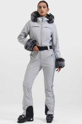 Women's Grey Faux Fur Shirred Waterproof One-Piece Ski Suit