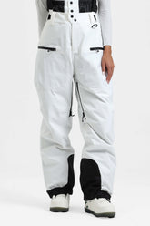 Women's White Insulated Baggy Snow Pants With Detachable Suspenders