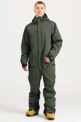 Men's Army Green Stylish Waterproof & Windproof Loose-Fit One-Piece Ski Suit with Detachable Hood & Multipockets