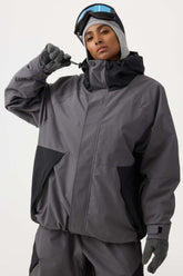 Women's Dark Gray Raglan Sleeve Color Block Waterproof Breathable Snow Jacket