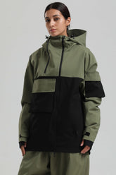 Women's Green & Black Asym-Zip Utility Pocket Waterproof Snow Jacket