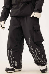 Women's Black Reflective Flame Baggy Utility Snow Pants