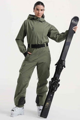 Women's Army Green Insulated Waterproof Asymmetric Design Belted One-Piece Ski Suit