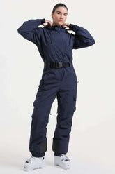 Women's Navy Insulated Waterproof Asymmetric Design Belted One-Piece Ski Suit