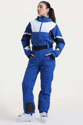 Women's Blue Insulated Color-Block Utility One-Piece Ski Suit with Durable Fabric & Multiple Pockets