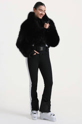 Women's Black Stylish Slim-Fit One-Piece Ski Suit with Detachable Faux Fox Fur Jacket & Flared Legs