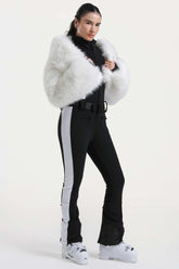 Women's White Stylish Slim-Fit One-Piece Ski Suit with Detachable Faux Fox Fur Jacket & Flared Legs