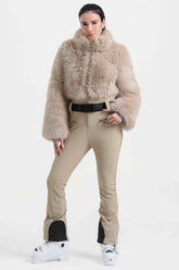 Women's Khaki Fashion Slim-Fit Stretch One-Piece Ski Suit with Faux Fox Fur Jacket & Flared Legs