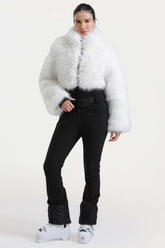 Women's White Fashion Slim-Fit Stretch One-Piece Ski Suit with Faux Fox Fur Jacket & Flared Legs