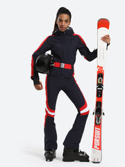 Over Ski Women's Vertical Stripes One Piece Ski Suit With Hood