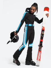 Over Ski Women's Vertical Stripes One Piece Ski Suit With Hood