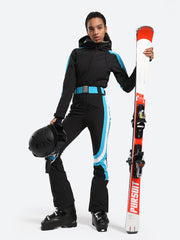 Over Ski Women's Vertical Stripes One Piece Ski Suit With Hood
