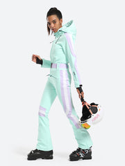 Over Ski Women's Vertical Stripes One Piece Ski Suit With Hood