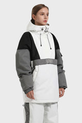 Anoraks de snowboard holgados, impermeables y con bolsillo tipo canguro en blanco y negro para mujer