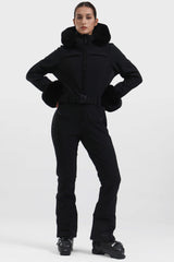 Traje de esquí de una pieza impermeable con frunces de piel sintética blanca para mujer 