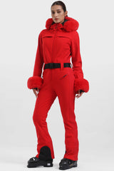 Women's Pink Faux Fur Shirred Waterproof One-Piece Ski Suit