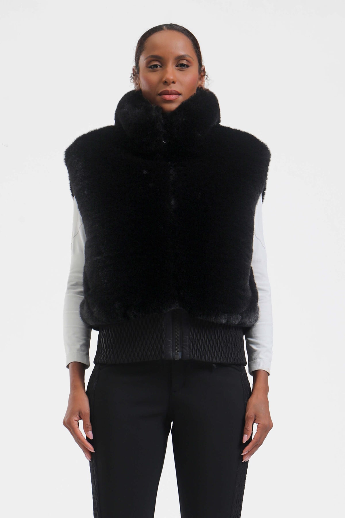Women's Black Faux Fur Shirred Hem Ski Vest
