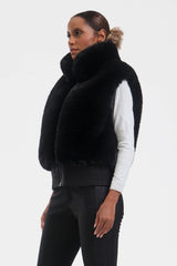 Women's Black Faux Fur Shirred Hem Ski Vest