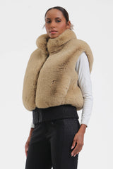 Women's Coffee Faux Fur Shirred Hem Ski Vest
