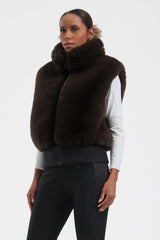 Women's Coffee Faux Fur Shirred Hem Ski Vest