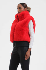 Women's Coffee Faux Fur Shirred Hem Ski Vest