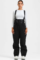 Pantalones de nieve holgados con aislamiento de color café para mujer con tirantes desmontables 