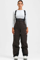 Pantalones de nieve holgados con aislamiento de color café para mujer con tirantes desmontables 