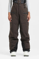 Pantalones de nieve holgados con aislamiento de color café para mujer con tirantes desmontables 