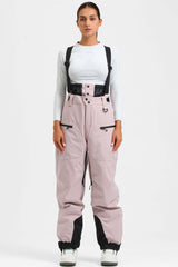 Pantalones de nieve holgados con aislamiento de color café para mujer con tirantes desmontables 