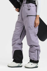 Pantalones de nieve holgados con aislamiento de color café para mujer con tirantes desmontables 