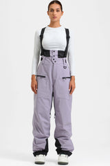 Pantalones de nieve holgados con aislamiento de color café para mujer con tirantes desmontables 