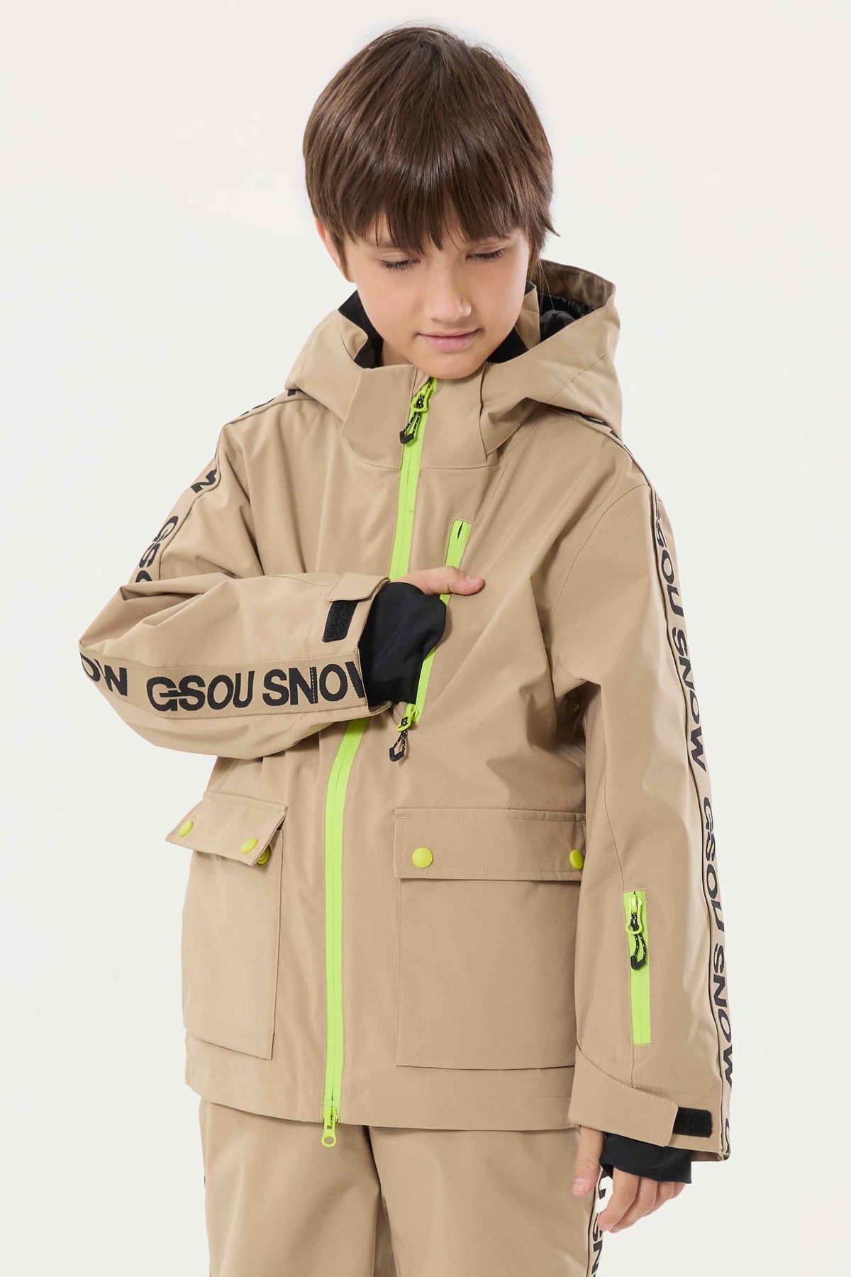 Kids' Khaki Sporty Logo Tape Waterproof Insulated Snow Jacket