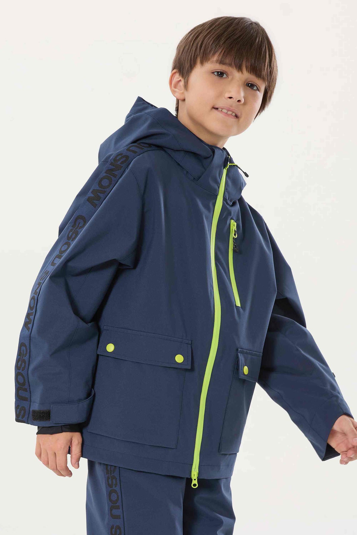 Kids' Navy Blue Sporty Logo Tape Waterproof Insulated Snow Jacket