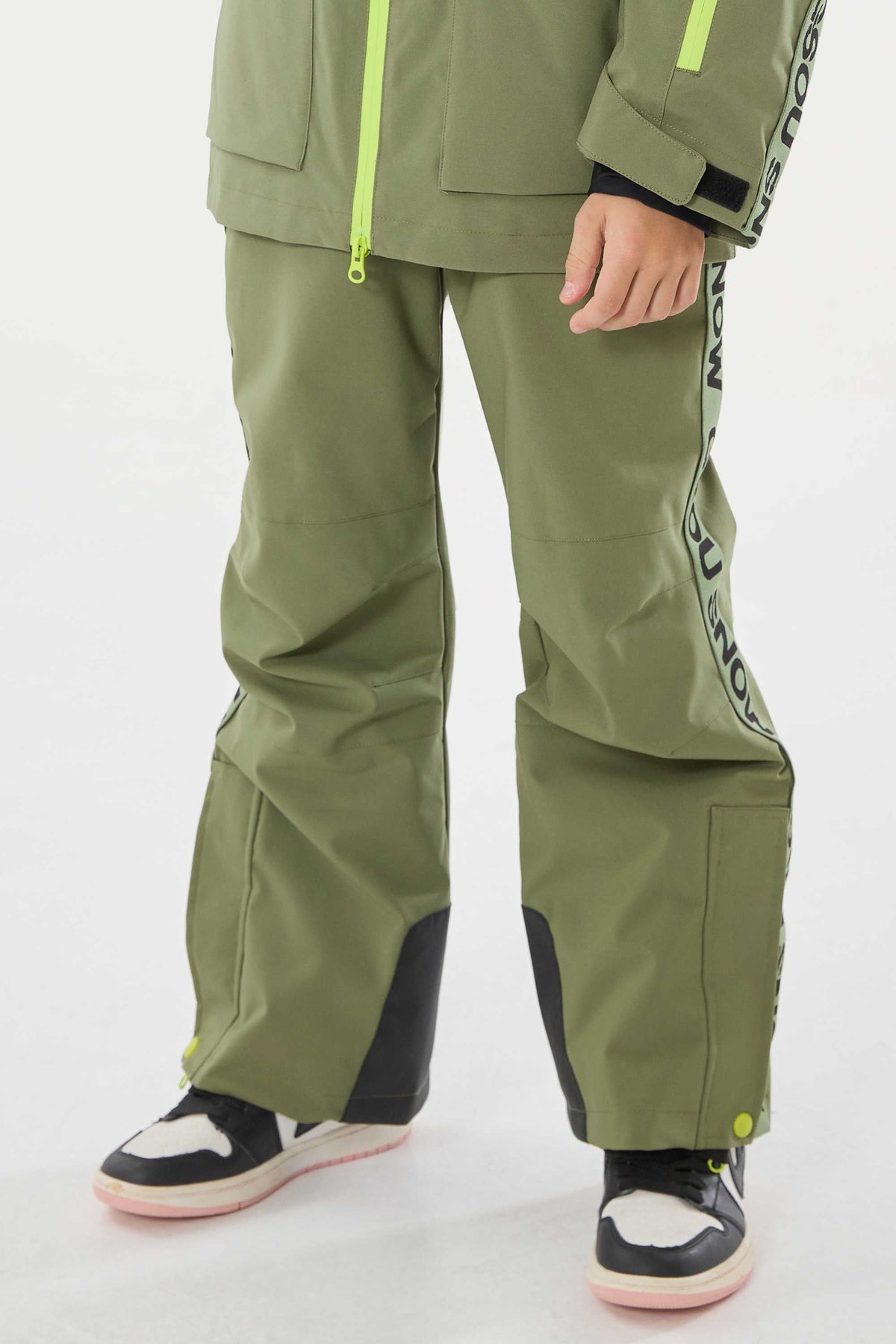 Kids’ Army Green Insulated Snow Pants with Suspenders