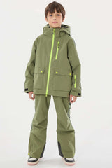 Kids’ Army Green Insulated Snow Pants with Suspenders