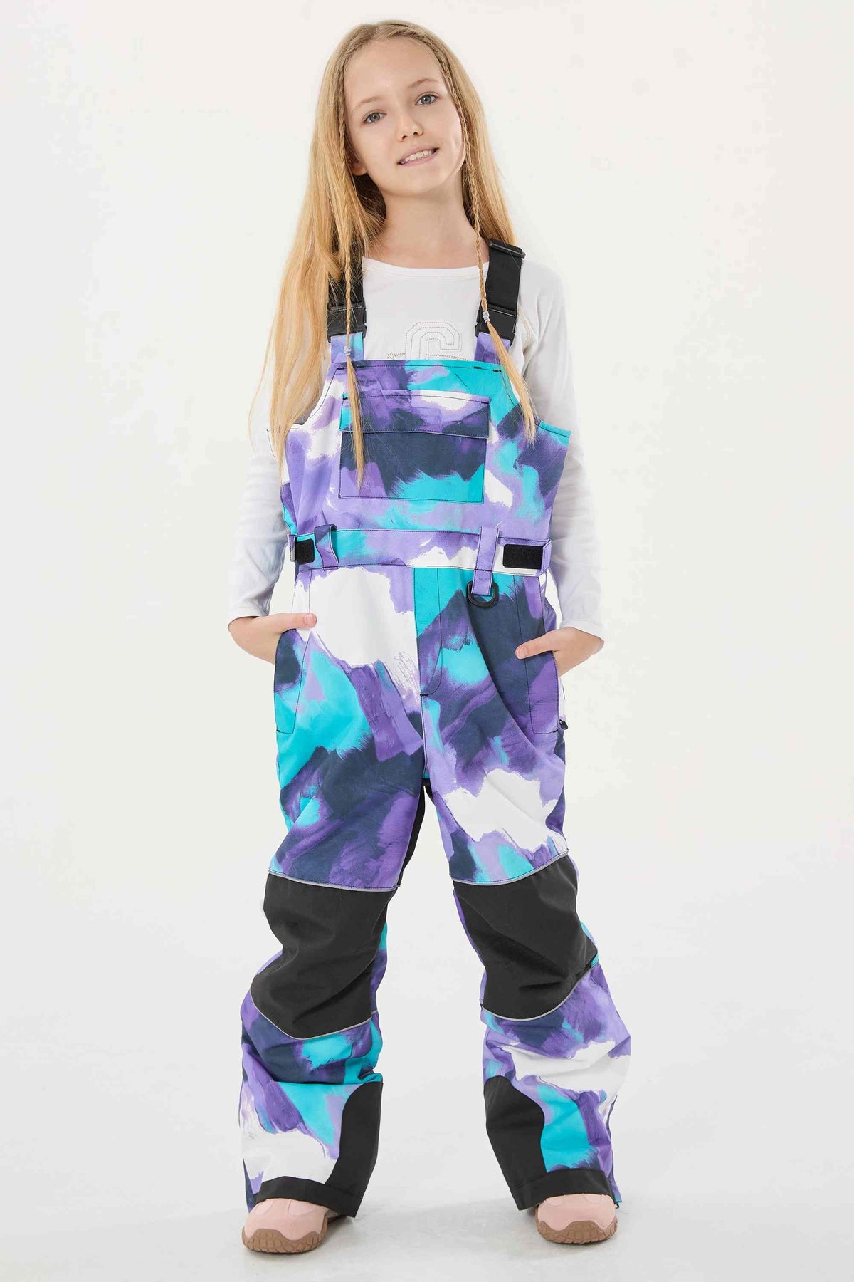 Girls’ Purple Tie-dye Reflective Durable Workwear Snow Bibs