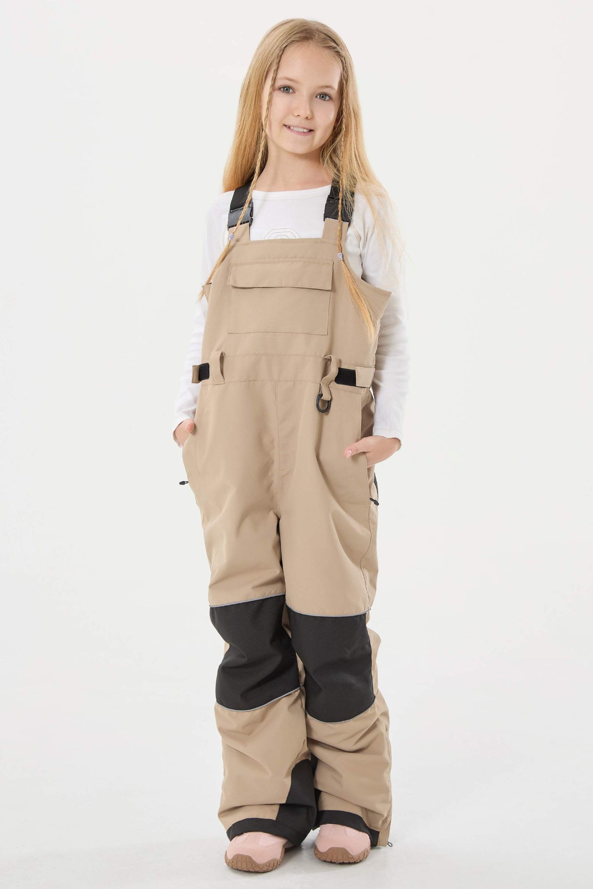 Girls’ Khaki Reflective Durable Workwear Snow Bibs