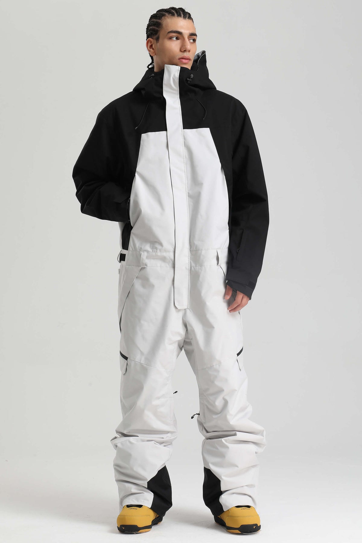 Men's Black & White Insulated Color-block  Utility Baggy One-Piece Ski Suit
