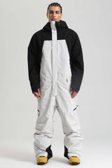 Men's Black & White Insulated Color-block  Utility Baggy One-Piece Ski Suit