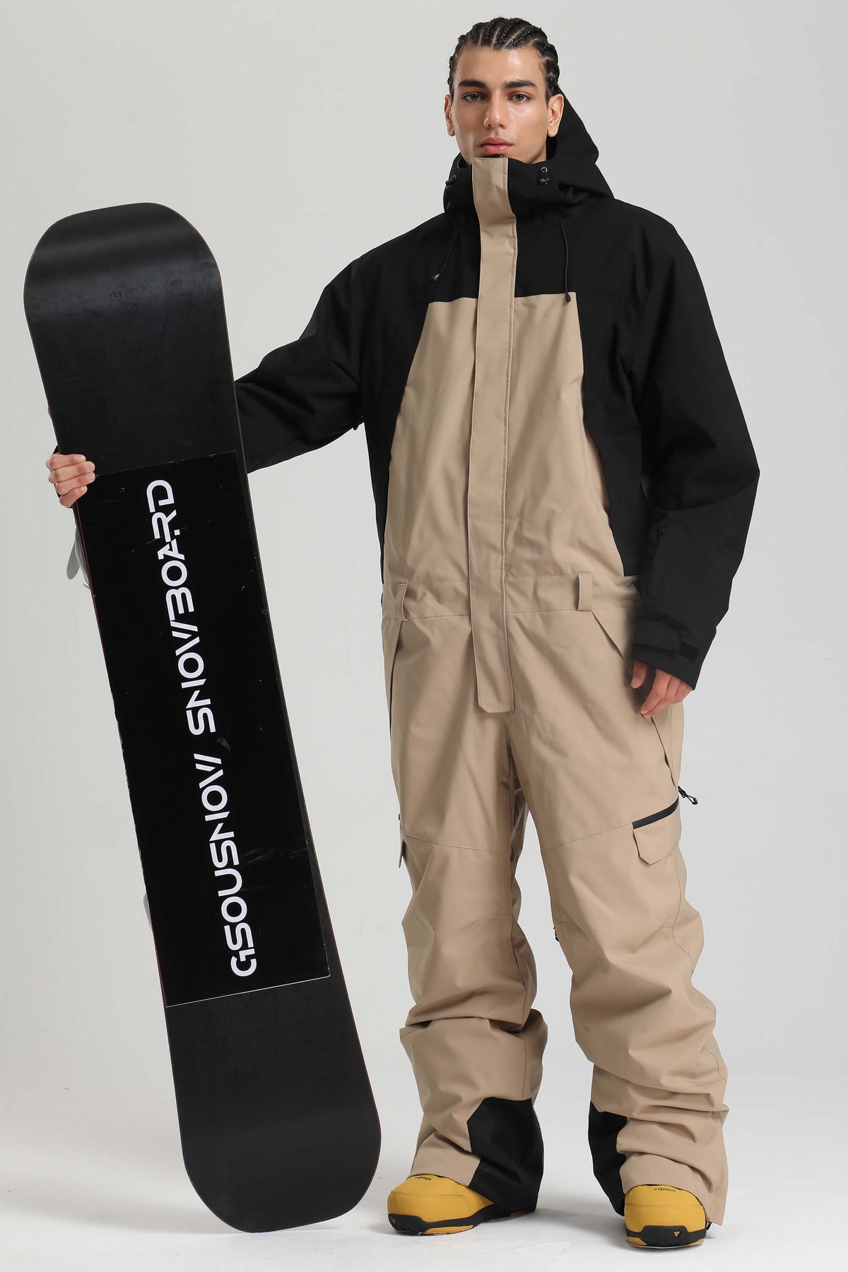 Men's Black & Khaki Insulated Color-block  Utility Baggy One-Piece Ski Suit