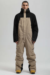 Men's Black & Khaki Insulated Color-block  Utility Baggy One-Piece Ski Suit