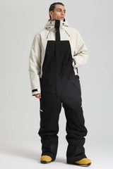 Men's Khaki & White Insulated Color-block Utility Baggy One-Piece Ski Suit