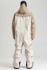 Men's Khaki & White Insulated Color-block Utility Baggy One-Piece Ski Suit