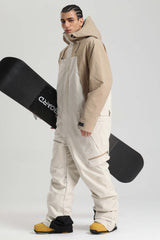 Men's Khaki & White Insulated Color-block Utility Baggy One-Piece Ski Suit