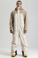 Men's Khaki & White Insulated Color-block Utility Baggy One-Piece Ski Suit