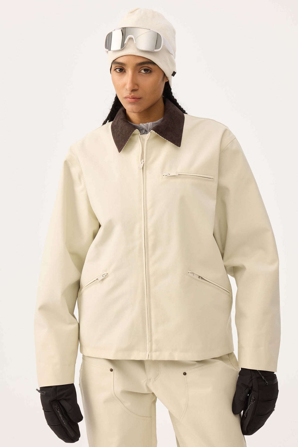 Women's Off White Boxy Modern Barn Corduroy-Collar Snow Jacket
