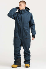 Men's Peacock Blue Stylish Waterproof & Windproof Loose-Fit One-Piece Ski Suit with Detachable Hood & Multipockets