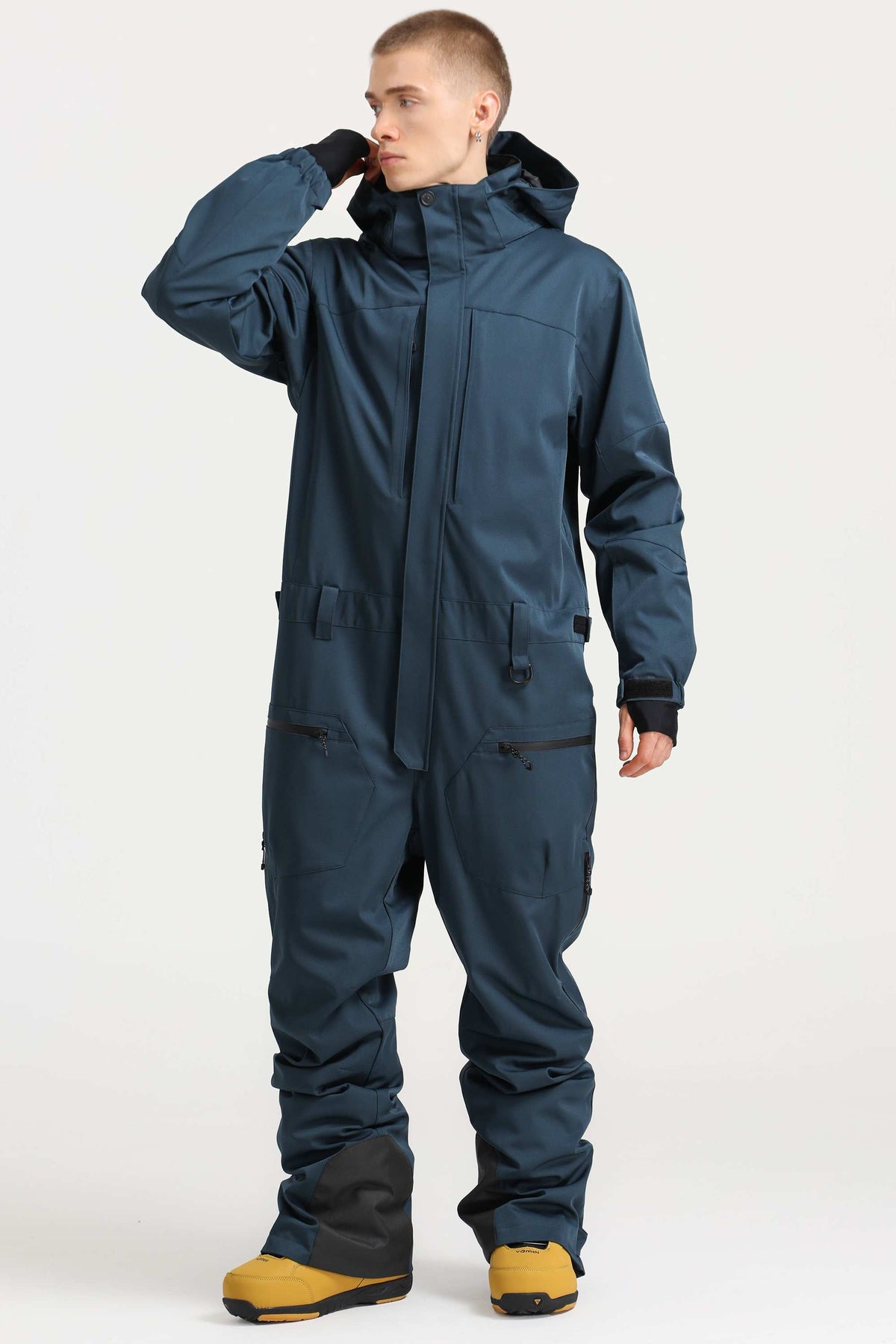Men's Peacock Blue Stylish Waterproof & Windproof Loose-Fit One-Piece Ski Suit with Detachable Hood & Multipockets