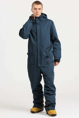 Men's Peacock Blue Stylish Waterproof & Windproof Loose-Fit One-Piece Ski Suit with Detachable Hood & Multipockets