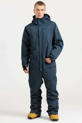 Men's Peacock Blue Stylish Waterproof & Windproof Loose-Fit One-Piece Ski Suit with Detachable Hood & Multipockets